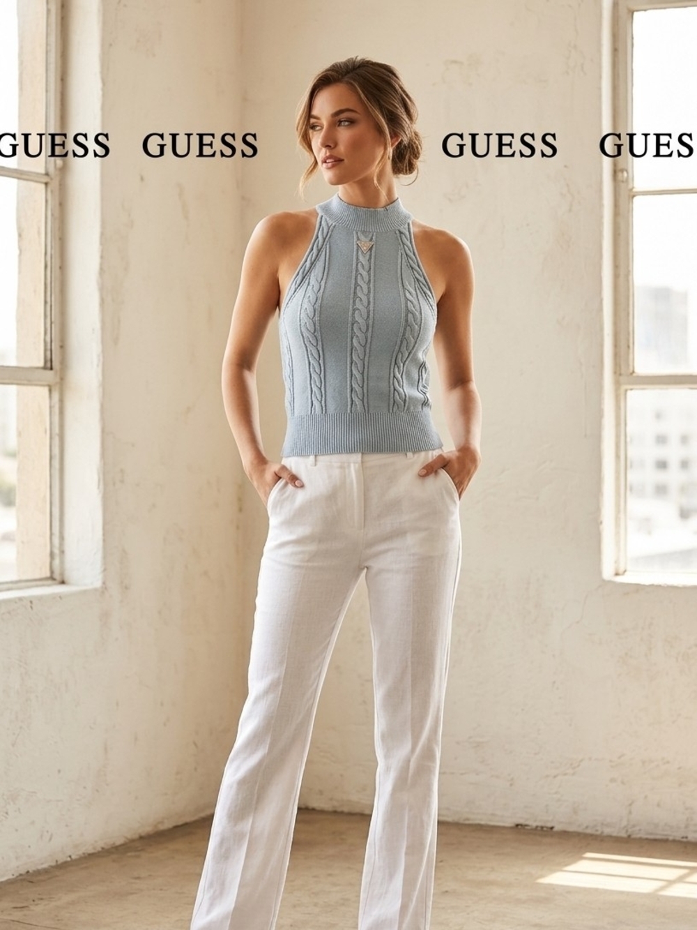 Guess Light Blue Cable-Knit Halter Sweater Tank